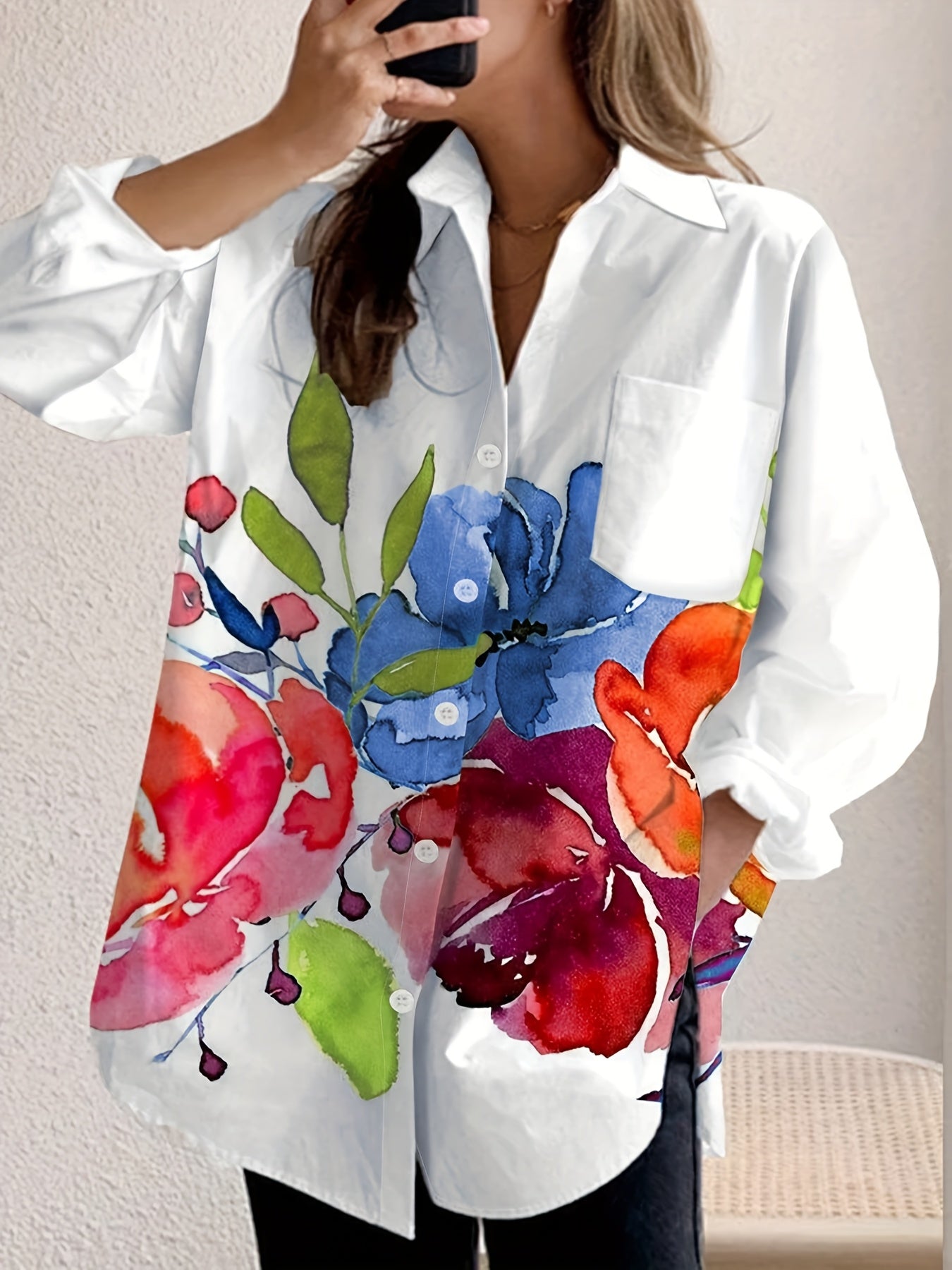 New Women'S Casual Ink Painting Printed Button-Up Long Sleeve Shirt
